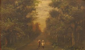 19th CENTURY, Children on a Forest Path, oil on panel, indistinctly signed and dated 95, framed. 19.