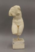 A plaster model of a female torso mounted on a display plinth. 49 cm high.