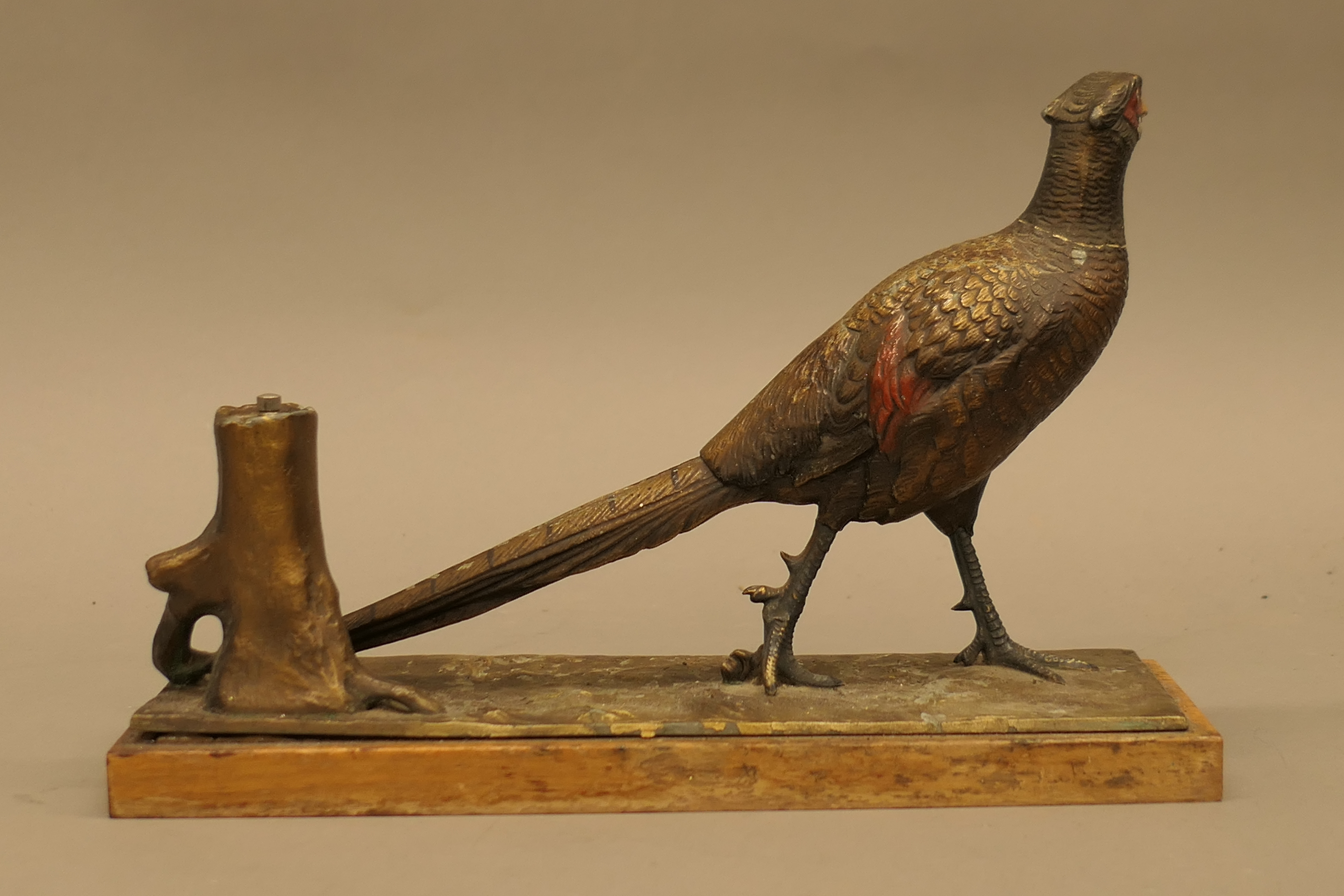 An early 20th century spelter pheasant form table lighter. 31.5 cm long. - Image 3 of 3