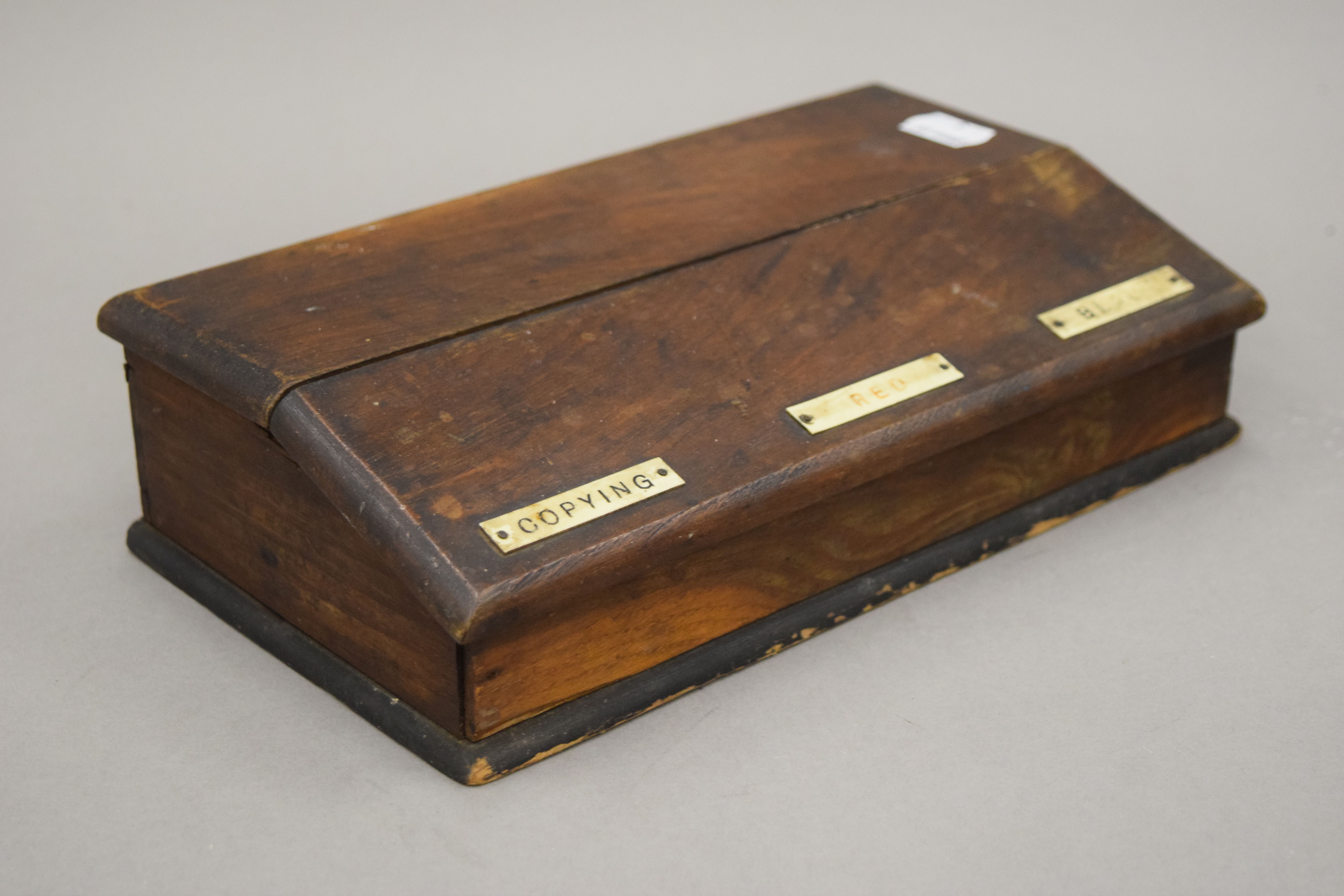 A vintage oak clerk's box with sloping lid and three labels together with an antique Oriental - Image 4 of 9
