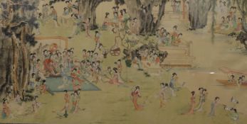 A Chinese watercolour on silk, framed and glazed. 128 x 73 cm overall.
