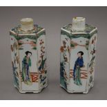 A pair of 18th century Chinese porcelain hexagonal tea caddies. Each 16.5 cm high.