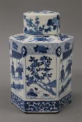 A Chinese hexagonal blue and white porcelain tea caddy. 20 cm high.