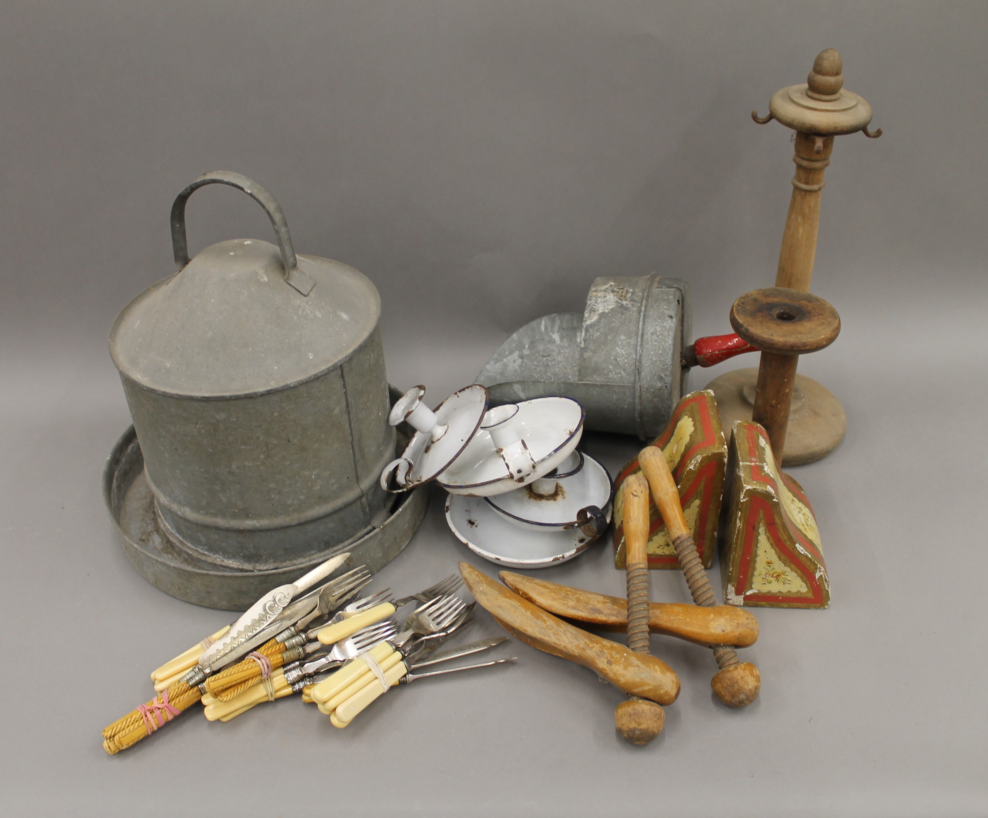 A quantity of miscellaneous items, including a chicken feeder, silver plated cutlery, etc.