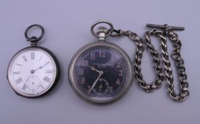 A silver cased pocket watch and a military silver plated pocket watch on a silver watch chain.