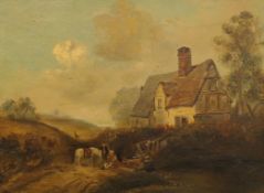 19th CENTURY, Figures Before a Country Cottage, oil on canvas, framed. 39.5 x 29.5 cm.