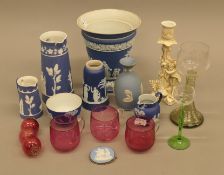 A quantity of Wedgwood, cranberry glass, etc.