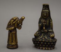 An antique Tibetan bronze seal with mythical beast terminal and an 18th/19th century bronze figure