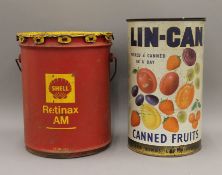 Two large advertising tins, Lin-Can and Shell Retinax AM. The former 37 cm high.