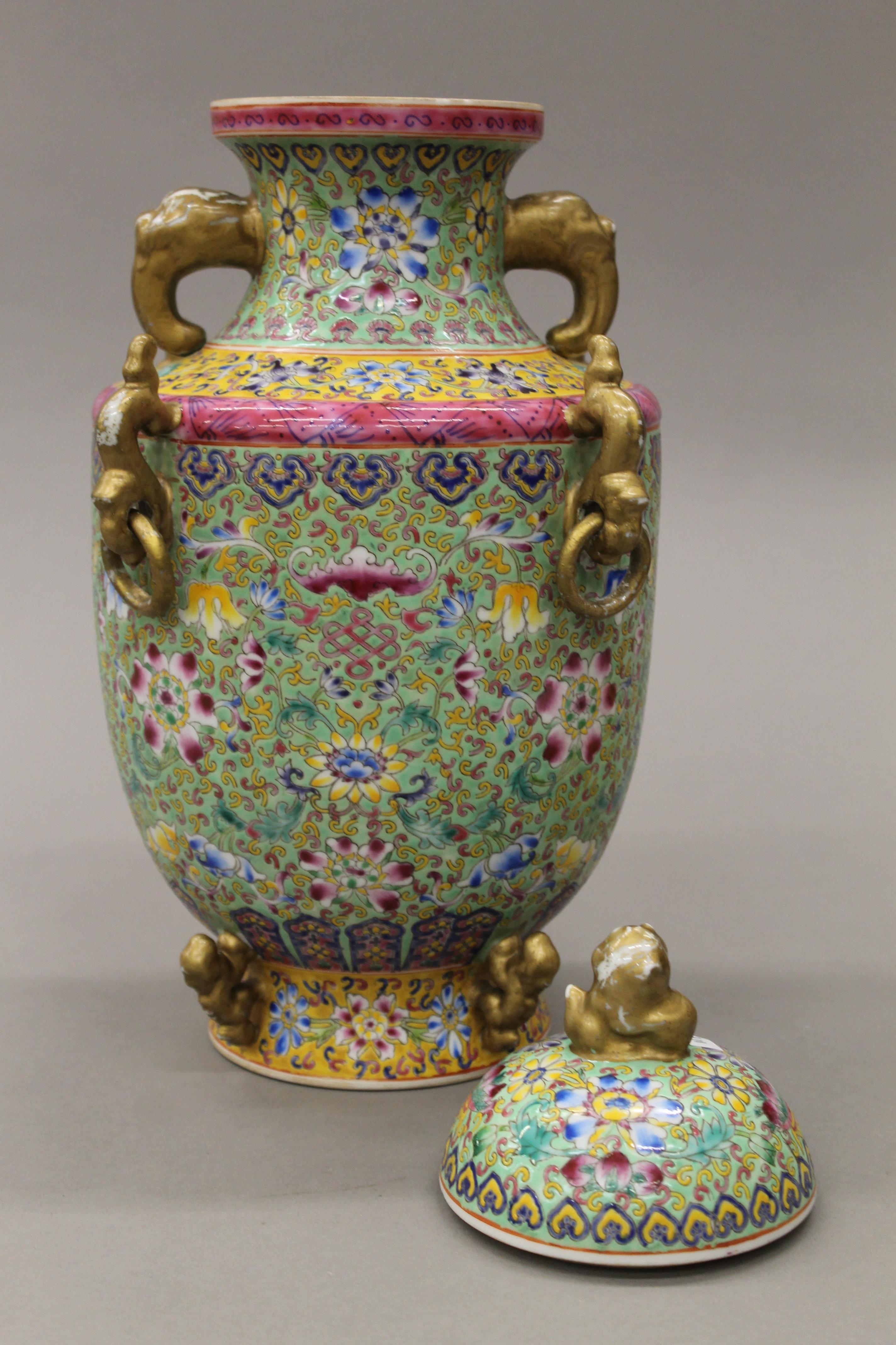 A Chinese porcelain turquoise and yellow ground lidded baluster vase. 41 cm high. - Image 3 of 5