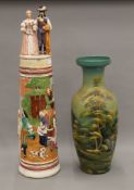 A large Continental pottery lidded vase and another large vase. The former 87 cm high.