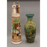 A large Continental pottery lidded vase and another large vase. The former 87 cm high.