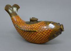 A Chinese bronze and cloisonne fish form censer. 32 cm long.