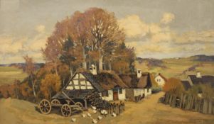 EARLY 20TH CENTURY SCHOOL, Country Village with Chickens, oil on board, indistinctly signed, framed.