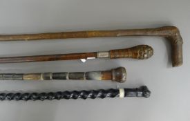 Four various walking sticks. The largest 102 cm long.