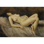 E CARON, Female Frontal Nude Study, oil on canvas, unframed. 35.5 x 25.5 cm.