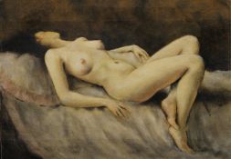 E CARON, Female Frontal Nude Study, oil on canvas, unframed. 35.5 x 25.5 cm.