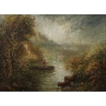 19TH CENTURY SCHOOL, Fisherman and Cattle on a River, oil on board, framed. 29 x 21.5 cm.
