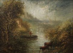 19TH CENTURY SCHOOL, Fisherman and Cattle on a River, oil on board, framed. 29 x 21.5 cm.