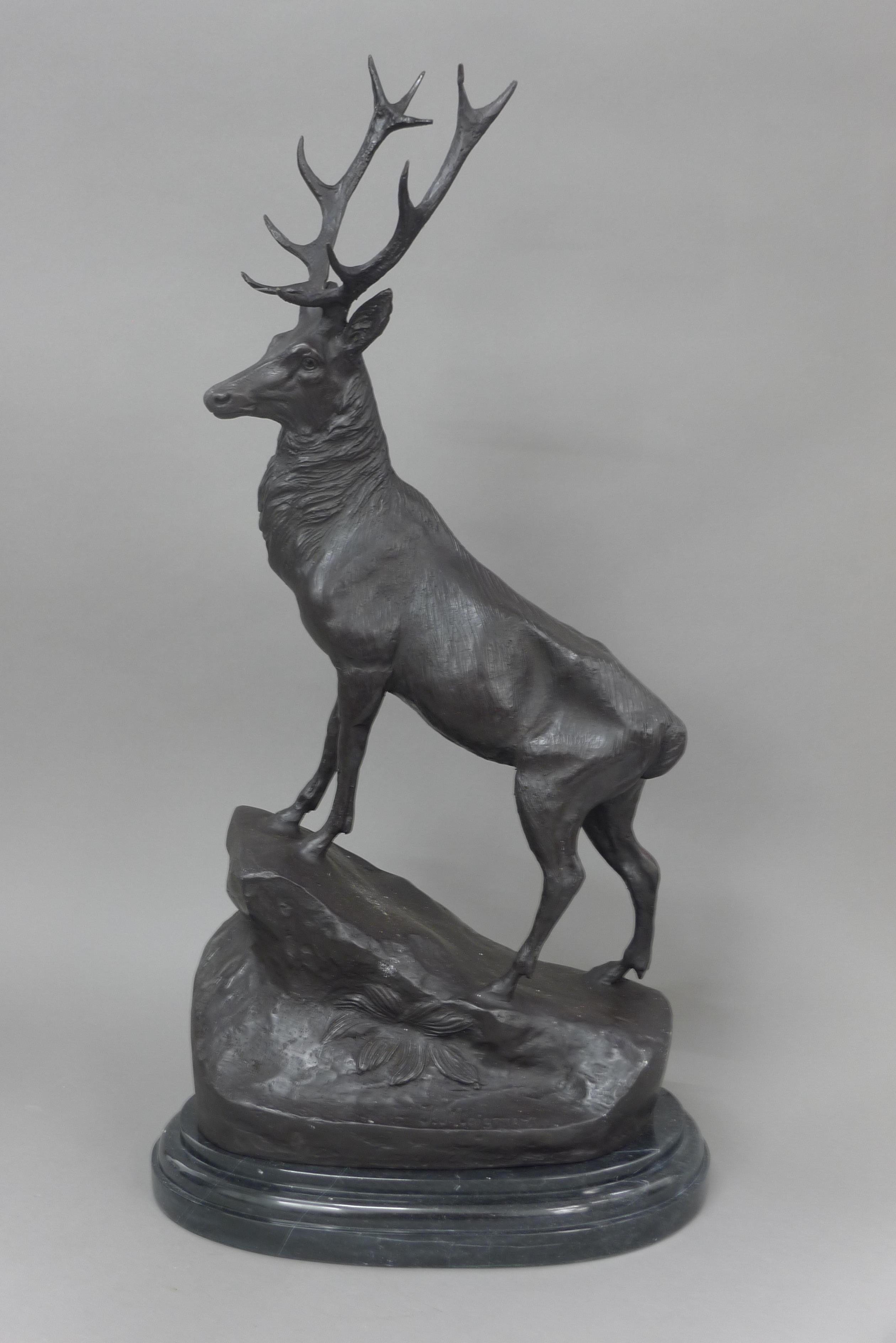 A pair of bronze stags on plinth bases. 74 cm high. - Image 2 of 3
