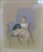 ENGLISH SCHOOL (19TH CENTURY), A Girl and a Spaniel in an Armchair, heightened watercolour,