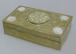 A Chinese jade mounted brass box. 15.5 cm wide.