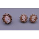 A 9 ct gold cameo ring and a pair of 9 ct gold cameo earrings. Ring size N/O.