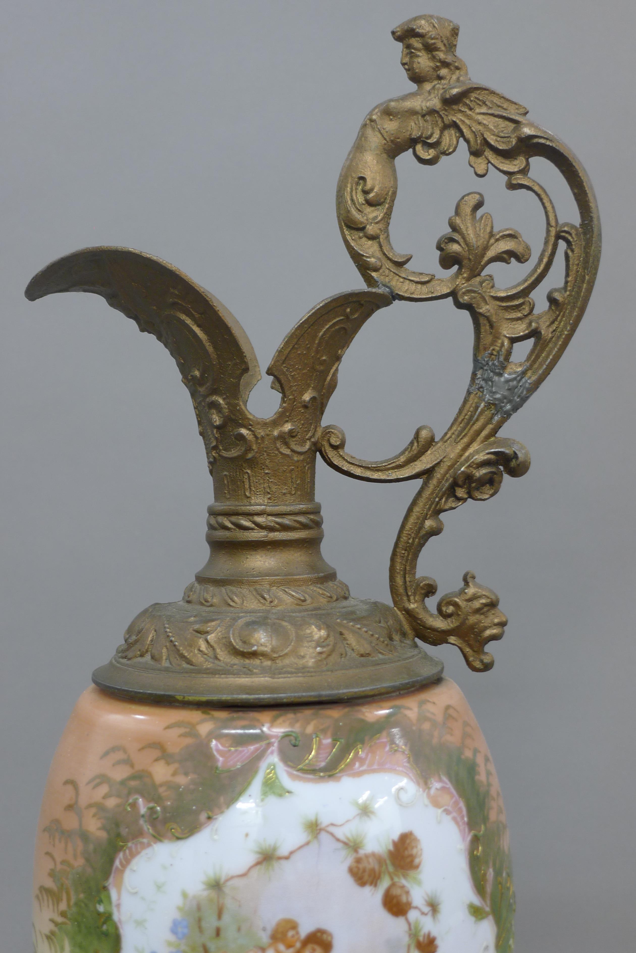 A Continental metal mounted painted glass ewer. 58 cm high. - Image 3 of 4