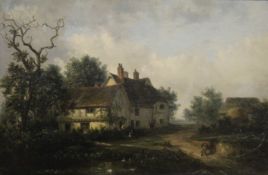 ENGLISH SCHOOL (19th century), Country Village Scene with a Pond in the Foreground, oil on canvas,