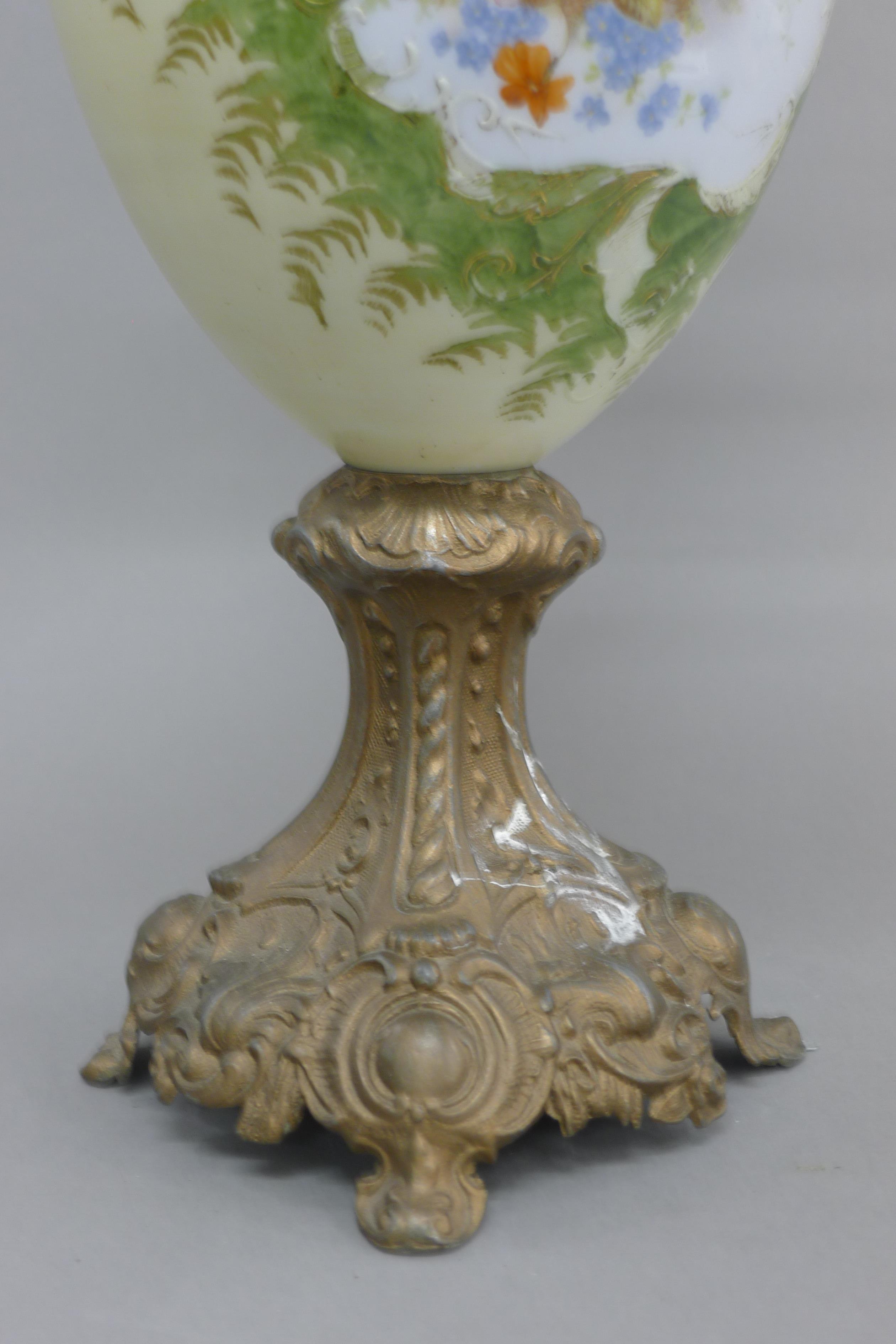 A Continental metal mounted painted glass ewer. 58 cm high. - Image 4 of 4