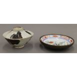 A Chinese porcelain bowl and cover, and a Japanese brass mounted dish. The former 12.5 cm diameter.