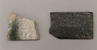 Two Archaic style Chinese hardstone plaques. The largest 14 cm long.