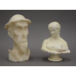 An early 20th century alabaster bust modelled as Don Quixote together with a 19th century plaster