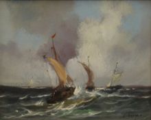 H DANGEM, Boats in Choppy Water, oil on board, framed. 28.5 x 22.5 cm.