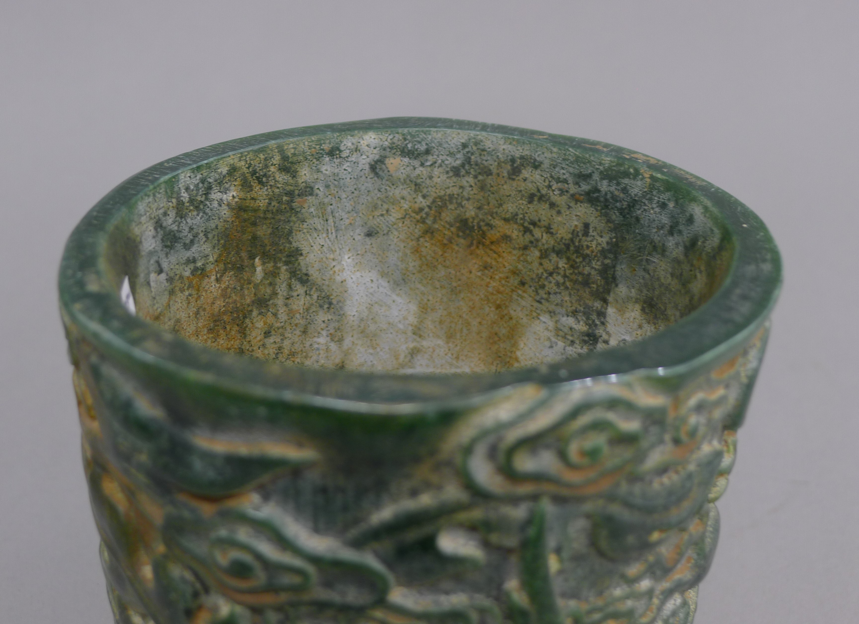 A Chinese carved jade brush pot. 15 cm high. - Image 3 of 6