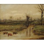 Cattle Watering, oil on board, indistinctly signed and dated '94, framed. 27.5 x 22.5 cm.