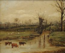 Cattle Watering, oil on board, indistinctly signed and dated '94, framed. 27.5 x 22.5 cm.