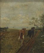 NAIVE SCHOOL (19th century), Ploughing the Field with Ships Beyond, oil on board, framed. 28 x 33.