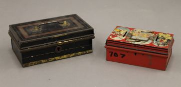 A vintage savings tin and a cash tin. The former 15.5 cm wide.