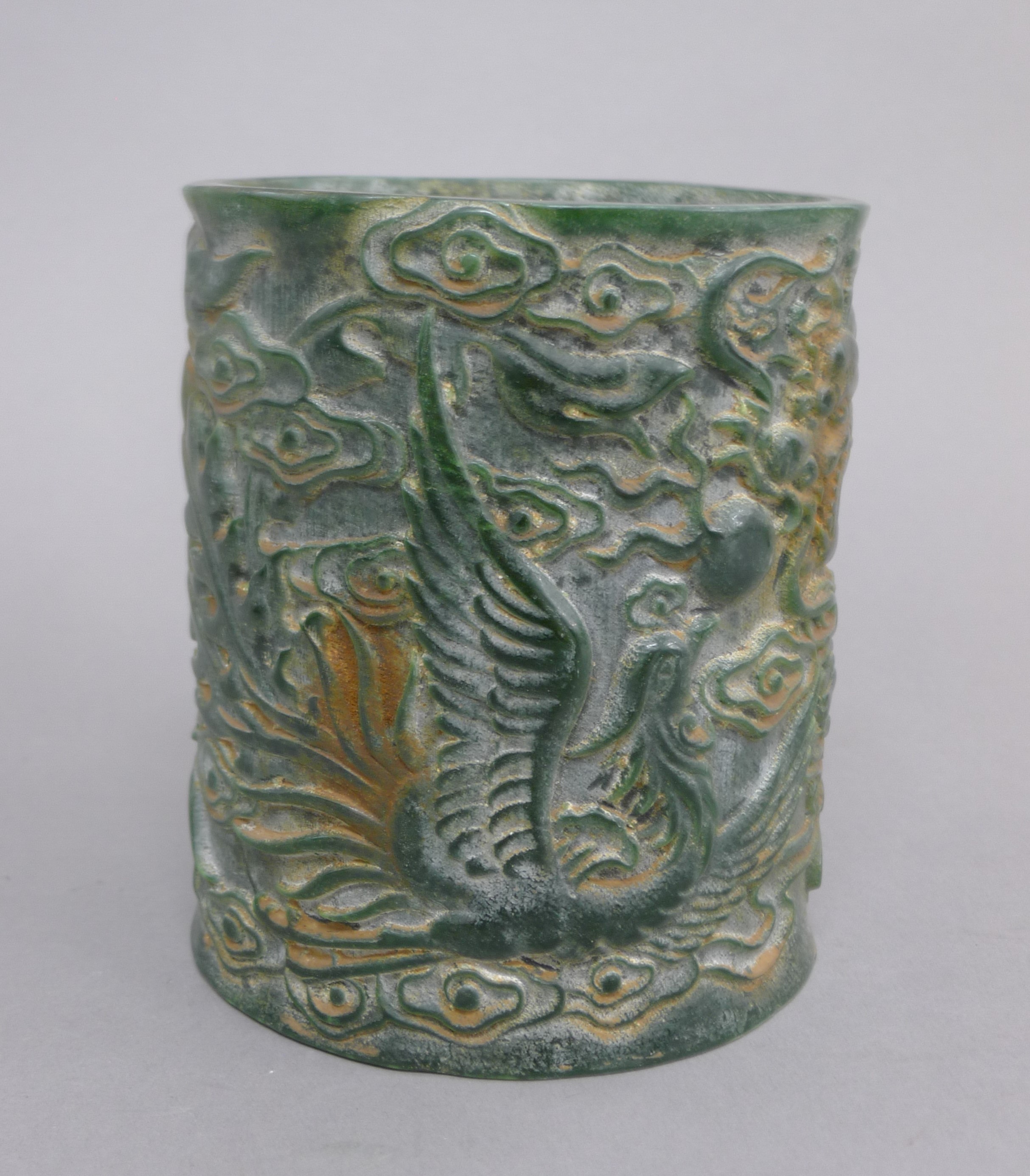 A Chinese carved jade brush pot. 15 cm high.