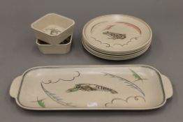 A 1950's Poole pottery set of six dessert plates, depicting individual marine creatures,