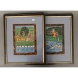 Two Indian paintings on fabric depicting various figures, each framed and glazed. 33 x 40.