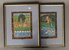 Two Indian paintings on fabric depicting various figures, each framed and glazed. 33 x 40.