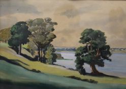 BRITISH SCHOOL (early 20th century), Trees by a Lake, watercolour, indistinctly signed,