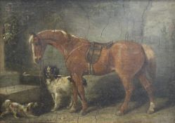 HENRY S COTTRELL (1849-1860), Horse and Spaniels, oil on panel, signed, framed. 18.75 x 13.25 cm.