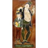 A framed pair of tiles depicting David Copperfield. 44 cm high overall.