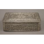 A 19th century Chinese silver box engraved with figures and trees, etc., seal marks to base.