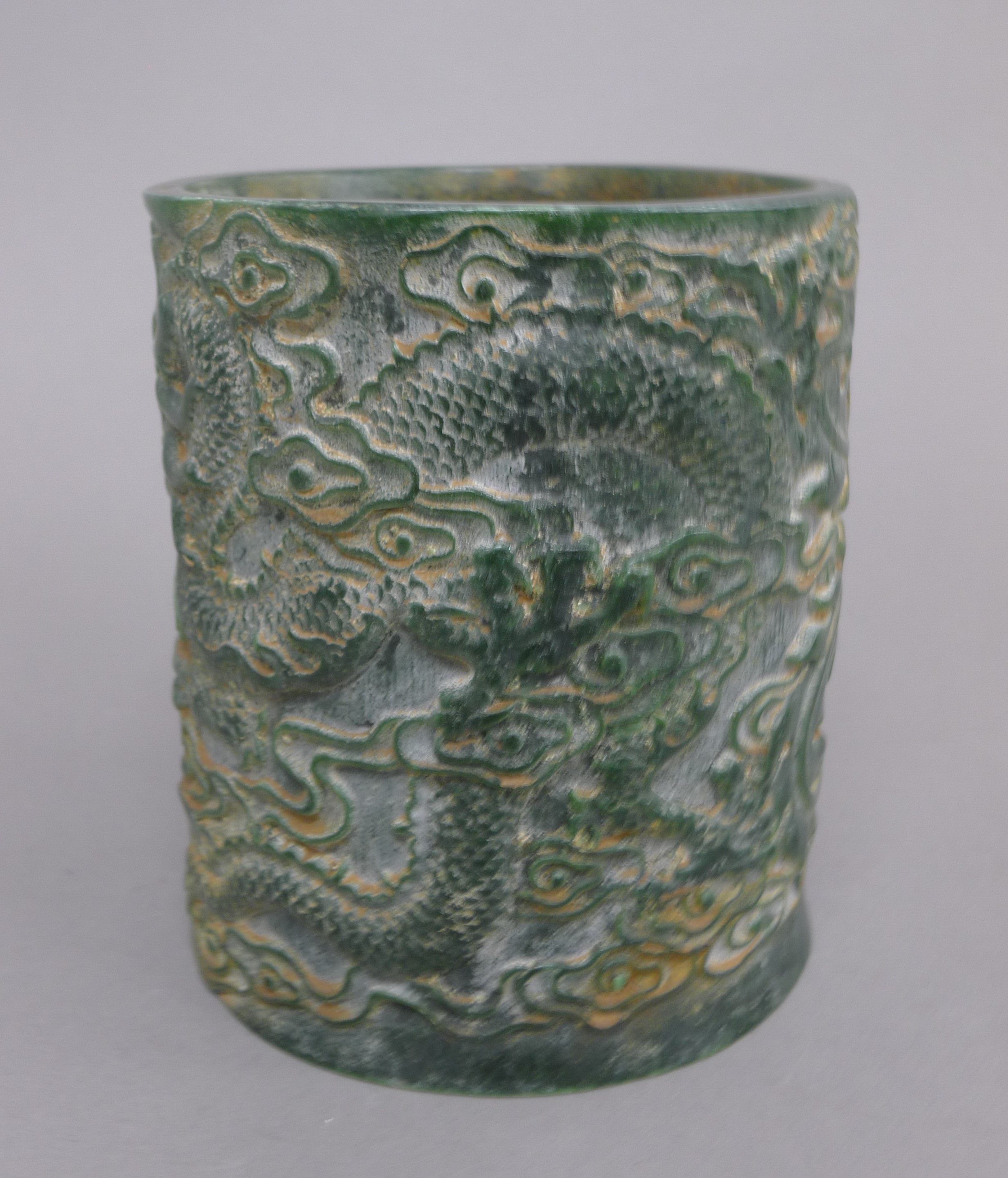 A Chinese carved jade brush pot. 15 cm high. - Image 2 of 6