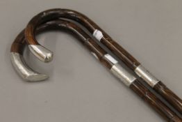 Two silver mounted partridge wood walking sticks. The largest 91.5 cm long.