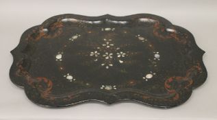 A 19th century mother-of-pearl inlaid papier mache tray. 80 cm wide.